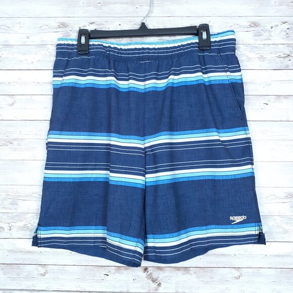 Speedo Mens Swim Trunks M Mesh Lined Pockets Drawstring Blue Stripe 270A - Picture 1 of 3